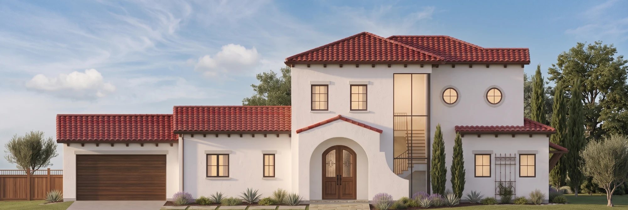 Rendering of an LA Renewal home in Altadena - a two-story Spanish-style home with white stucco walls, a red tile roof, an arched wooden entry and an attached garage.